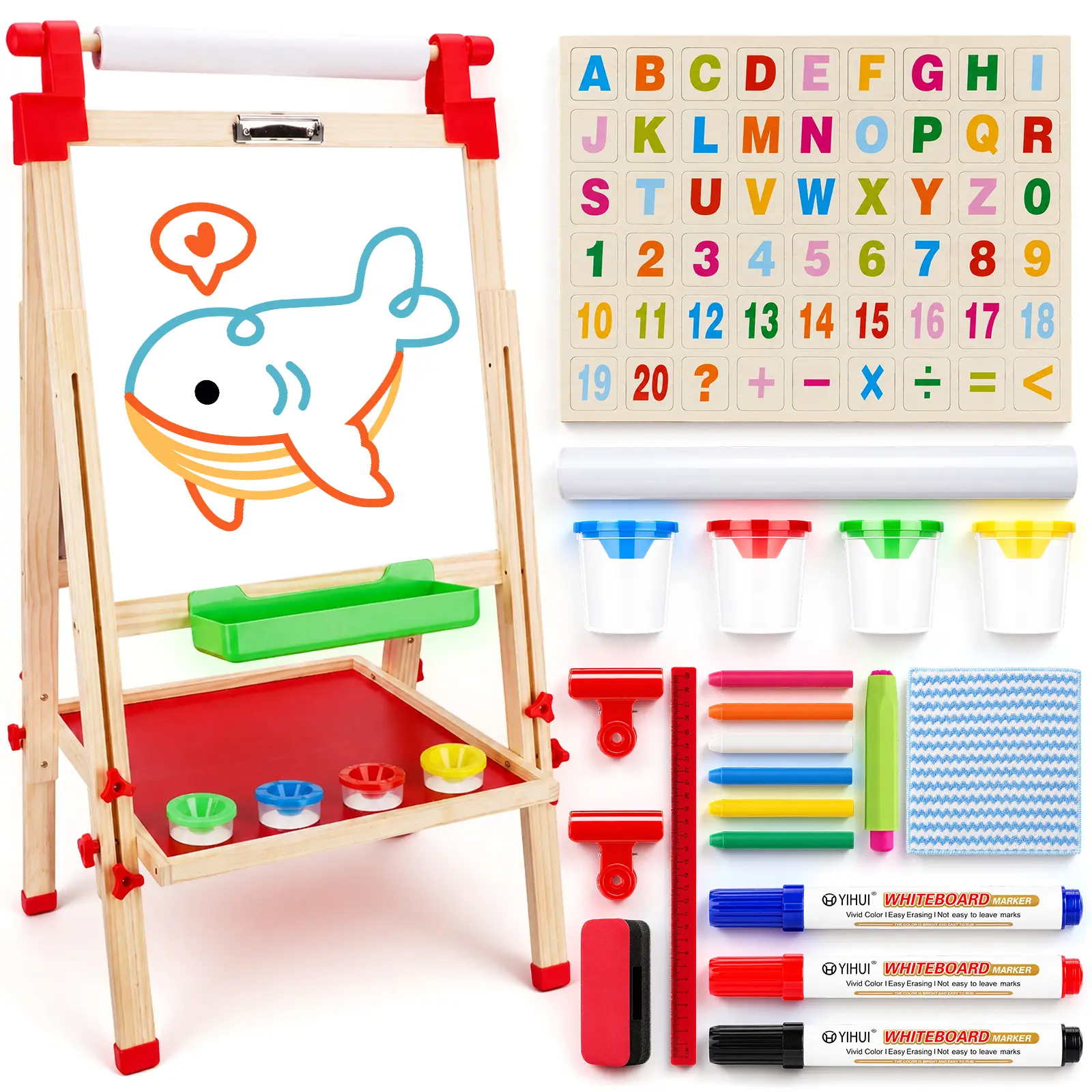Kids Adjustable Wooden Art Easel, Double-Sided Magnetic Drawing Board with Paper Roll & Built-In Storage Tray, Non-Toxic Wood Art Painting Station, Perfect Art Supply for Boys & Girls Ages 3-12, Great Birthday & Holiday Gift