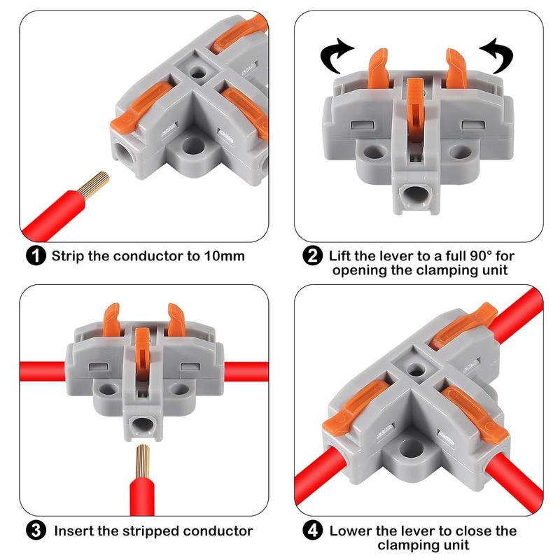 10Pcs Compact Wire Conductor Connector, T-Shape Lever Nut Wire Connector, Quick Splitter 3 Way Electrical Connectors, Quick Snap Connector, AWG 28-12