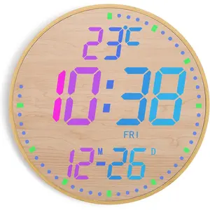 12" Large Digital Wall Mount Clock, Count Down Timer, , Big LED, 12 RGB Color, Temperature for Living Room Classroom Desk ( )