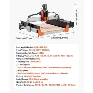 VEVOR CNC Router Machine, 500W Spindle, 3-Axis Wood Engraving Milling Machine, with Dual Linear Rails Ball Screw, 15.75x 15.75x 3.74 in Working Area, Trim Router, for Wood Acrylic Carving Cutting