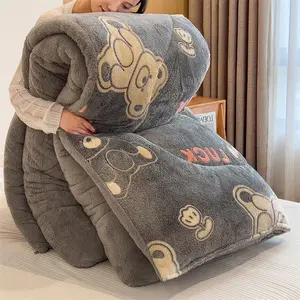 Soft and cozy cartoon bear quilt for winter bedding. Thick and plush with excellent warmth retention. Machine washable. Extra-large size. Features adorable bear patterns. Ideal for home or hotel use. Versatile design enhances warmth. Soft Warm Throw