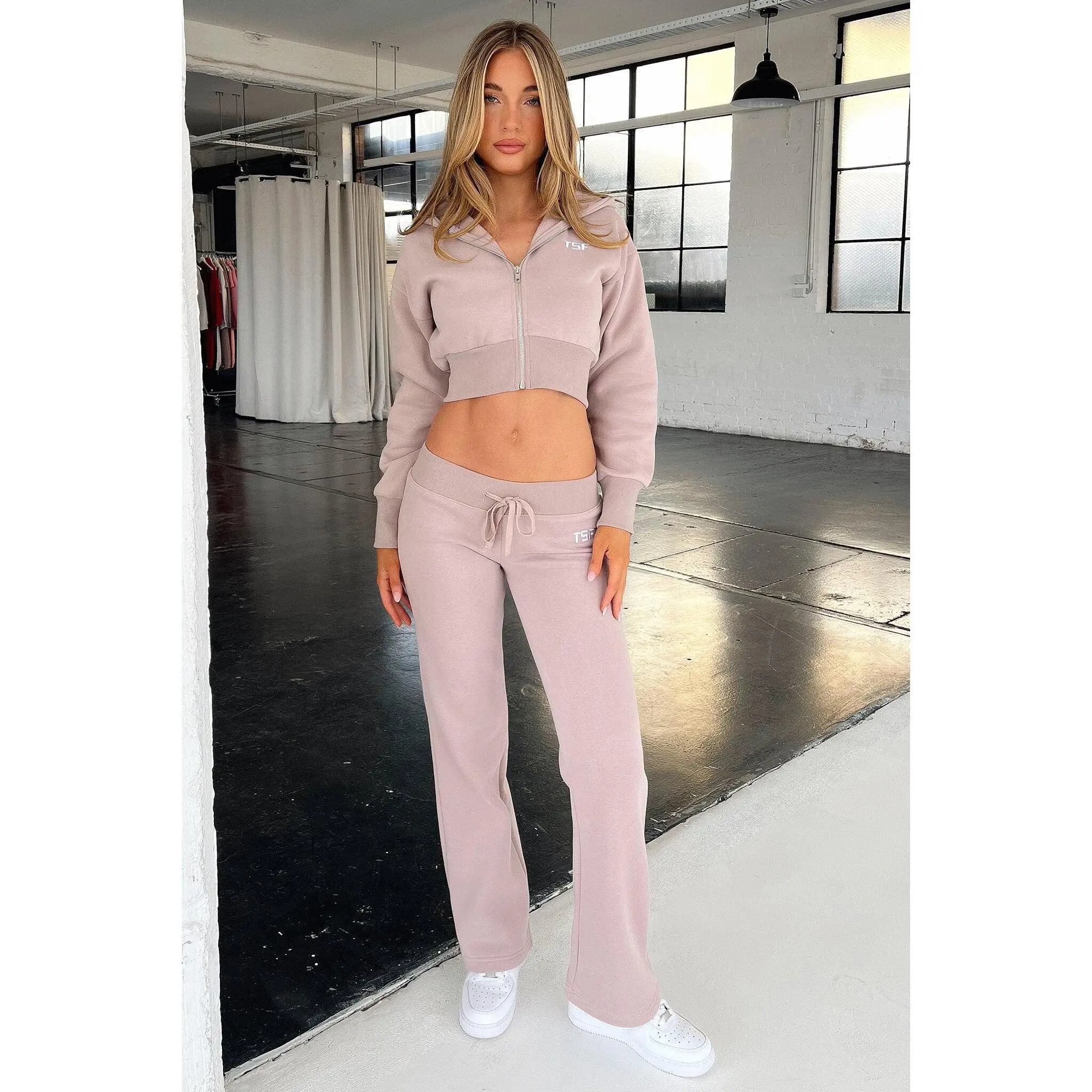 Thats So Fetch Women's Basic Embroidered Cotton Fit Low-Rise Flared Kaztek Sweatpants - Mocha Bottom, Polyester Fabric