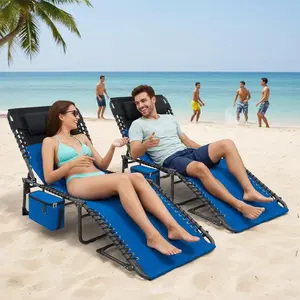 5-Position Adjustable Outdoor Chaise Lounge Chair with Pillow & Side Pocket – collapsible, Portable Patio Recliner for Sunbathing, Poolside, Beach, Backyard – Blue