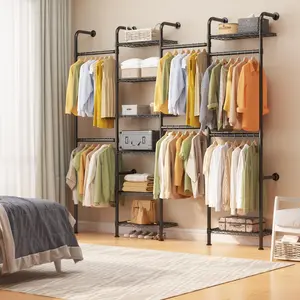 Wall Mounted Pipe Closet System, Carbon Steel Wall Mounted Clothes Rack for Closet Storage, Expandable Rods 23.62-35.43 in, 8 Wire Shelves, Matte Black