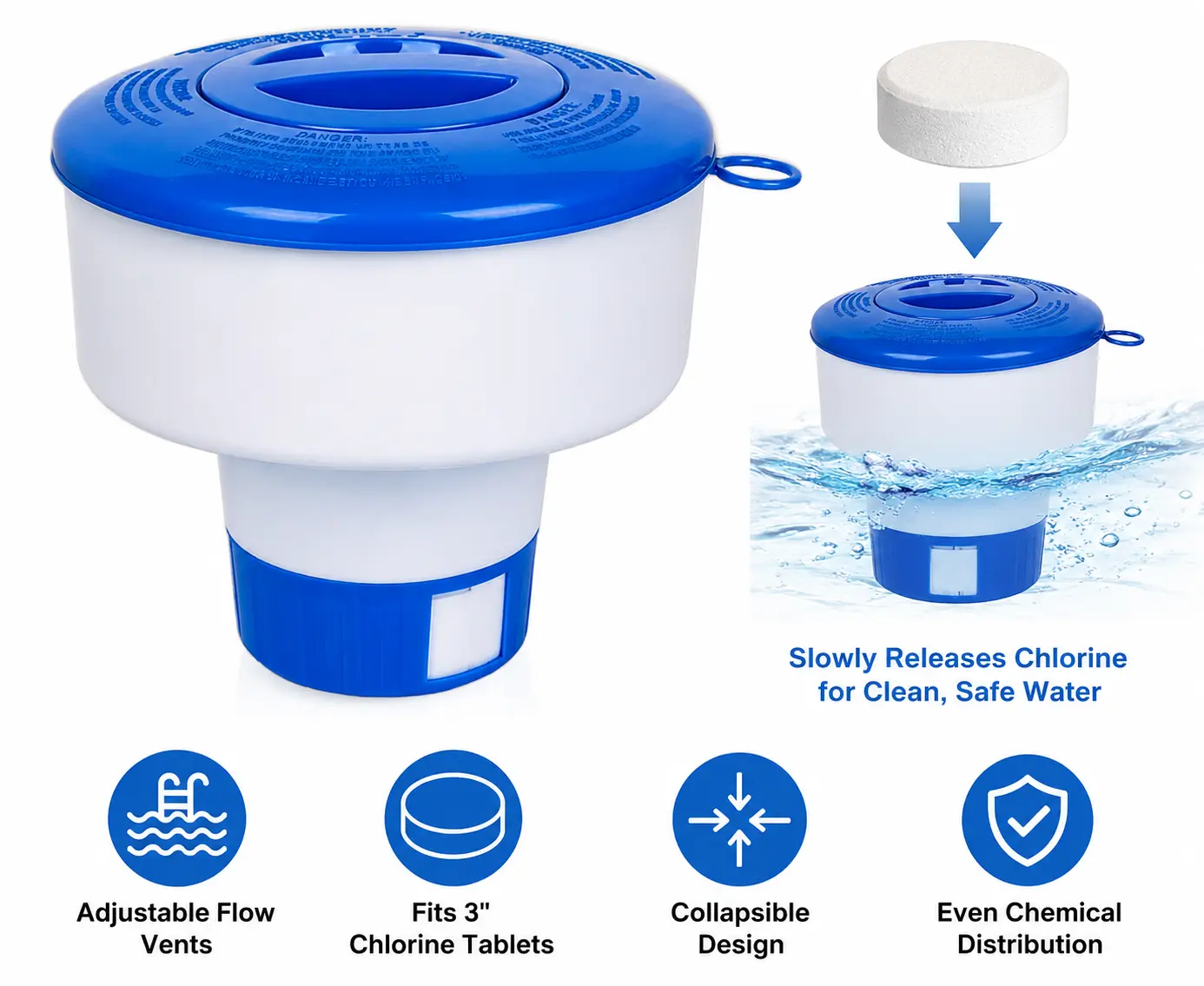Pool Chlorine Floater for Pools Fits 3" Tablets,7" Diameter Chlorine Tablet Floater with Adjustable Flow Vents Balanced Chemical Dispenser for hot tub/Spa（Collapsible）