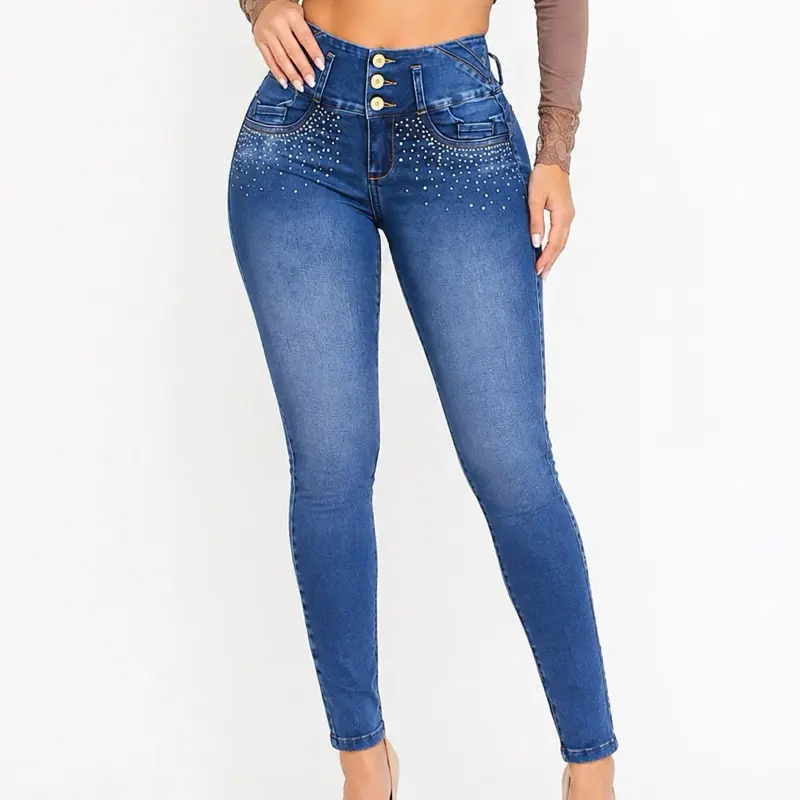 Women’s High Waist Butt Lift Rhinestone Skinny Jeans – Stretch Denim