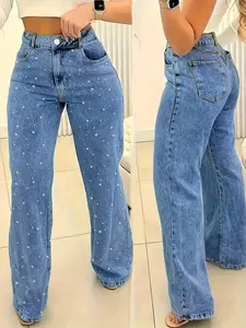 Women's Black High-Waisted Straight Leg Pearl Jeans - Distressed Denim Pants with Flattering Fit, Casual Womenswear Bottoms