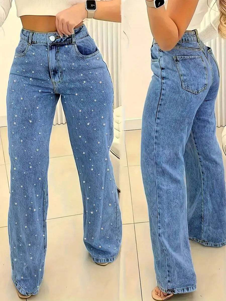 Women's Black High-Waisted Straight Leg Pearl Jeans - Distressed Denim Pants with Flattering Fit, Casual Womenswear Bottoms