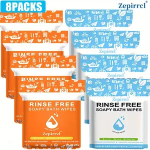 8 Packs 11.81*11.81in No-Rinse Disposable Bath & Soap Towels, self-foaming bath wipes. Rub with water to create foam, no rinsing required. Portable design, perfect for body cleansing for outdoor and travel use, 25 Counts per Pack