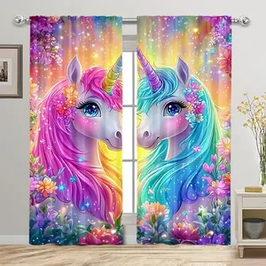 Magic Unicorn Floral Curtains, Window Curtain, Vibrant Rainbow and Sparkling Stars Design, Half Sunshade Polyester Fiber, Easy Wash, Home Decor