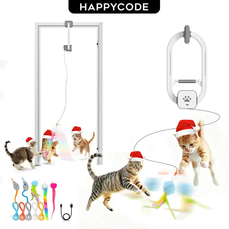 HAPPYCODE Rechargeable Clip-On Electric Cat Toy - ABS Plastic Door Clip, 360° Rotation Keeps Play Fresh, 1 Bell, Adjustable Lengths, Dual Motion Modes, 5 Plush Toys, Random Jumping, Play in Seconds, Indoor Pet Supply Gift