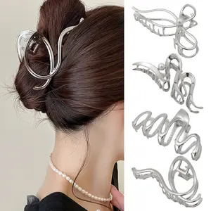 4 PCS Metal Hair Claw Clips,Irregular Large Clips for Women, Non-Slip Styling Accessories for Thick and Thin Hair Christmas Gifts, Female Gifts(Silver)