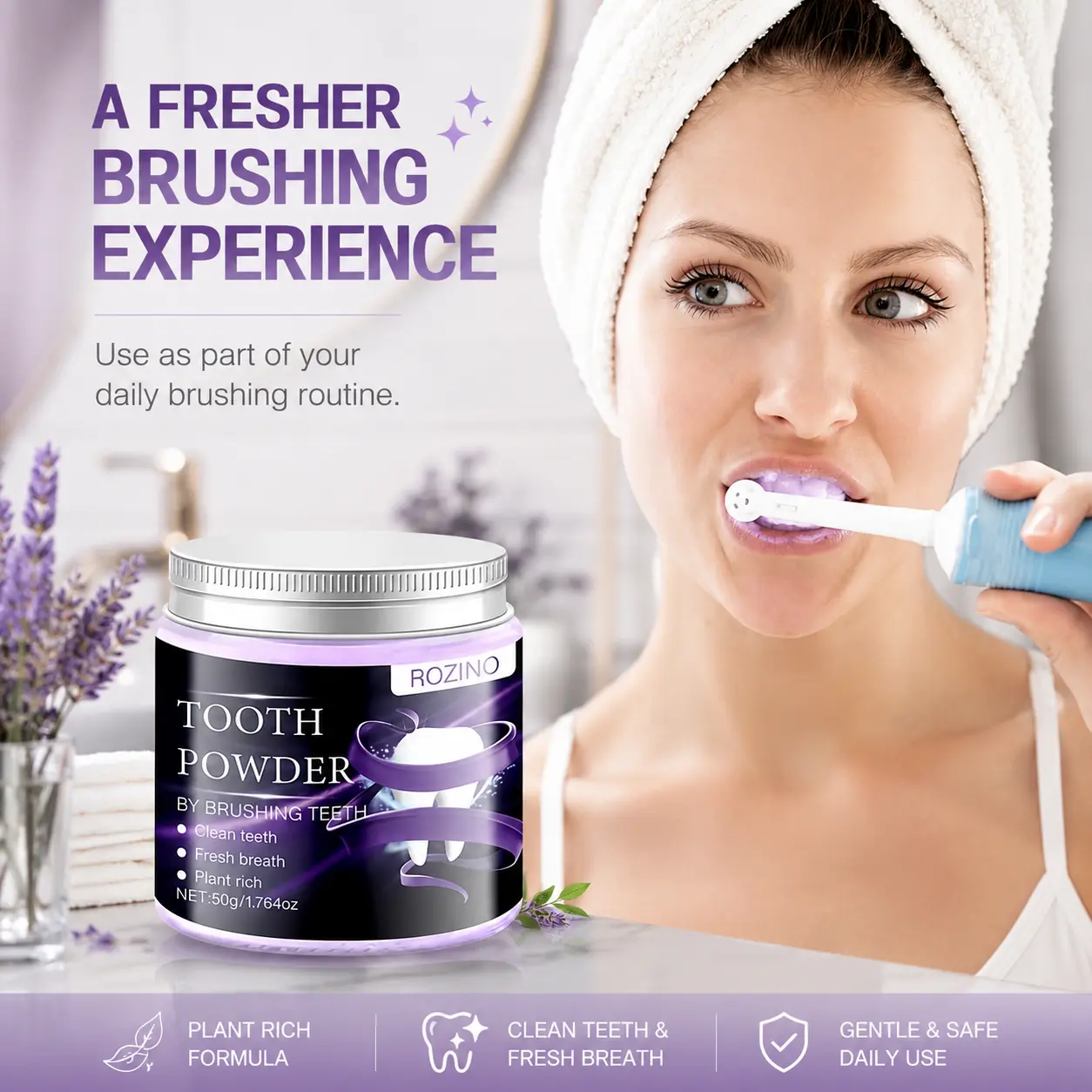 ROZINO Purple Tooth Powder, Natural Tooth Powder for Fresh Breath & Clean Teeth, Plant-Based Oral Care Powder with Peppermint & Activated Charcoal, Daily Brushing Care 50g