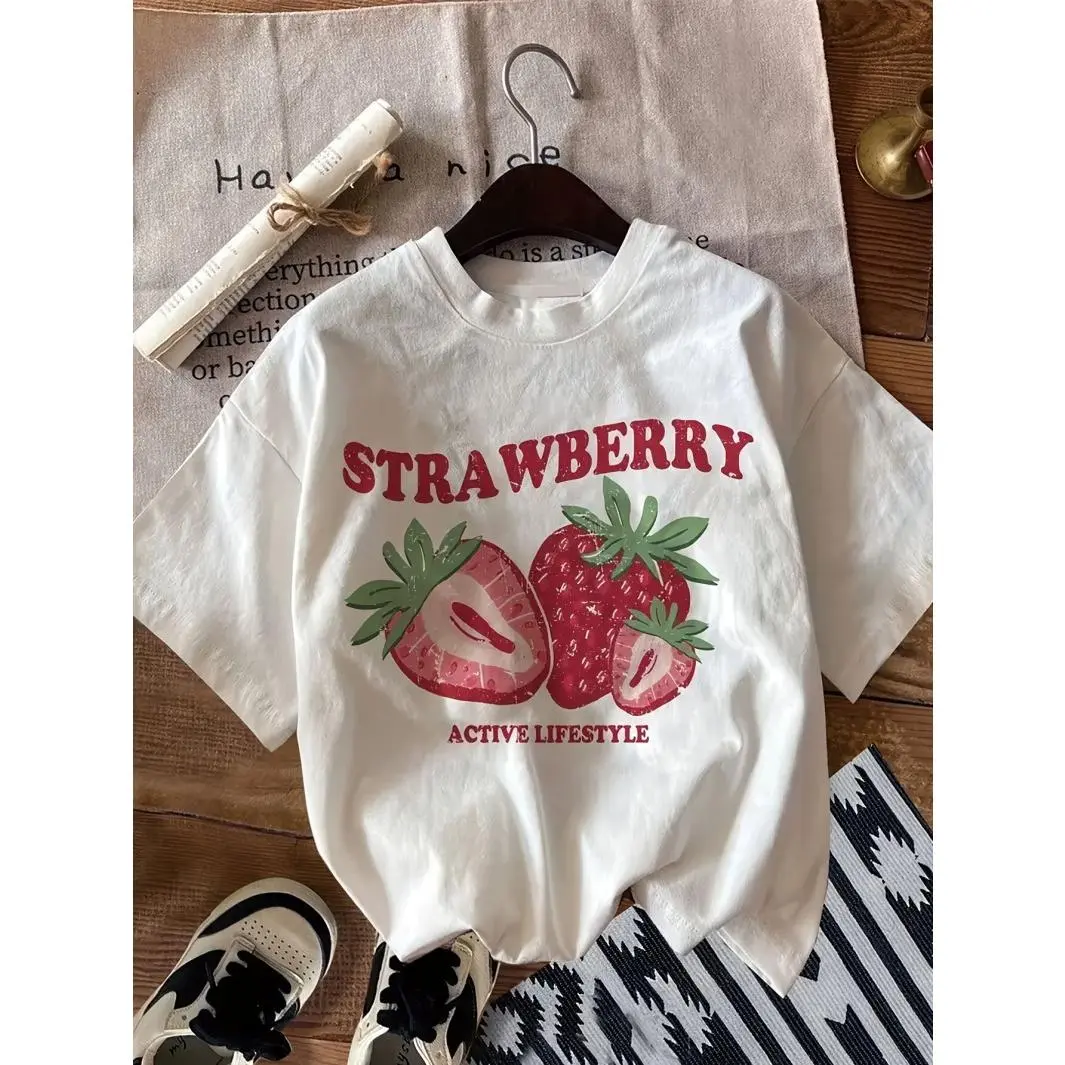 Women's Cute Strawberry Graphic Tshirt - Oversized Cropped, Breathable Flow Cotton Top, Vintage Street Wear, Casual Summer Trendy Outfit