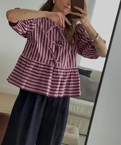 Women Tie Front Tops Puff Sleeve Lace Up Peplum Blouse Cute Babydoll Shirt Going Out Tops Streetwear