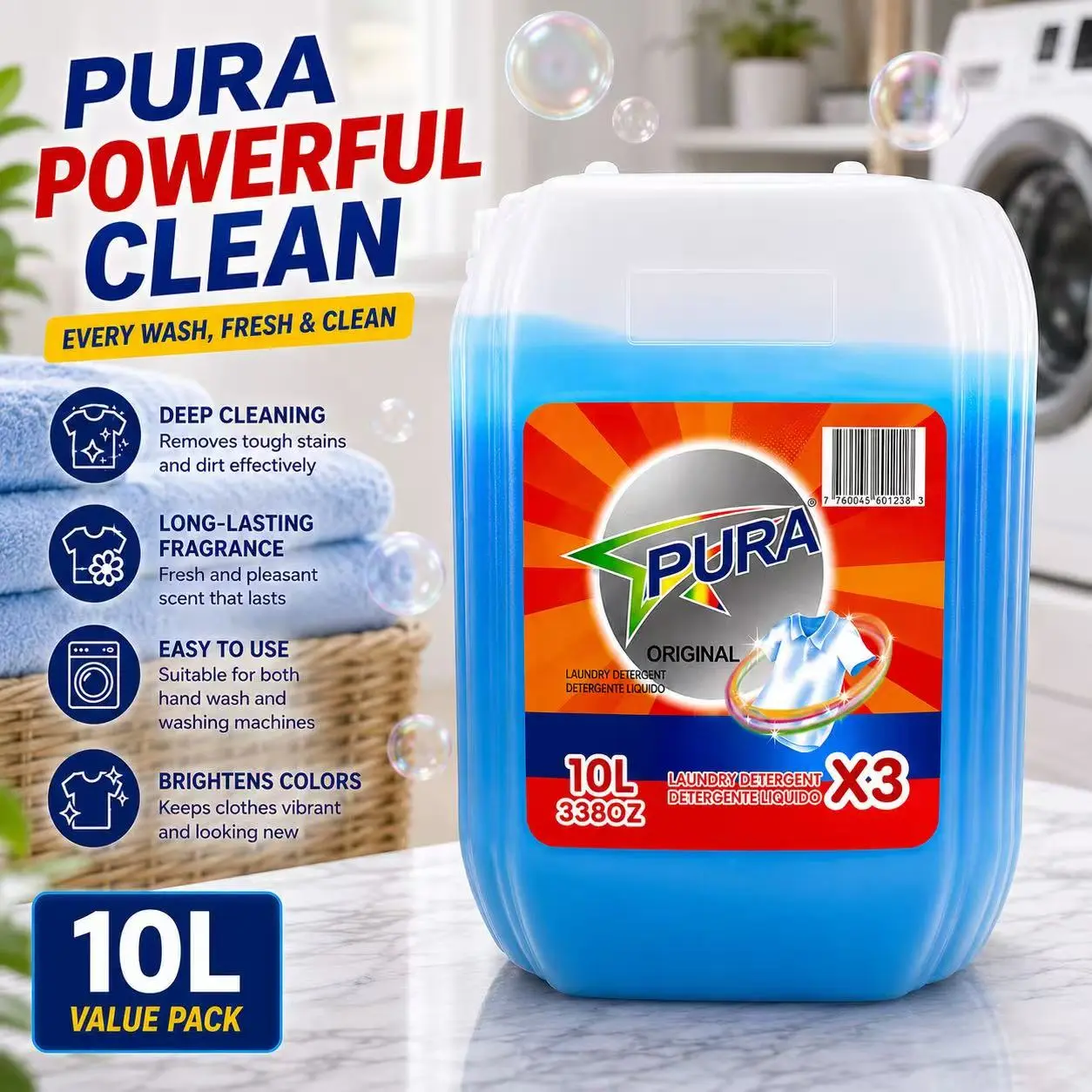 10L Bulk PURA Laundry Detergent Long Lasting Fragrance Cost Effective Household Washing Liquid For Daily Clothes Towels Bedding