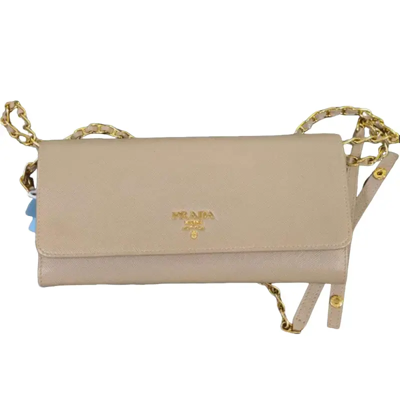 Pre-owned PRADA Saffiano Leather WOC Crossbody Bag in Nude Pink with Gold Chain Strap