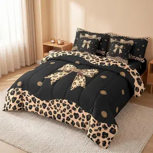 Brown Leopard Bowknot Comforter Set with Sheets 7 Piece Girls Princess Bow Bedding Set for Kids Boys Girls Cheetah Bed in a Bag Bow Tie Room Decor Soft Lightweight Microfiber