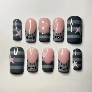 [FLASH SALE 50%] Cute Pusheen Cat Press On Nails, Gray Stripe & Pink Star Nail Art, Handmade Kawaii False Nails, Cartoon Cat Nail Set for Gift, Acrylic Nails