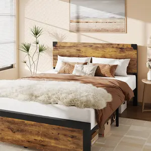 King Size Bed with Wooden Headboard, Platform Full Bed Frame with Under-Bed Storage and Metal Legs, Noise-Free, No Box Spring, Easy Assembly – Rustic Brown