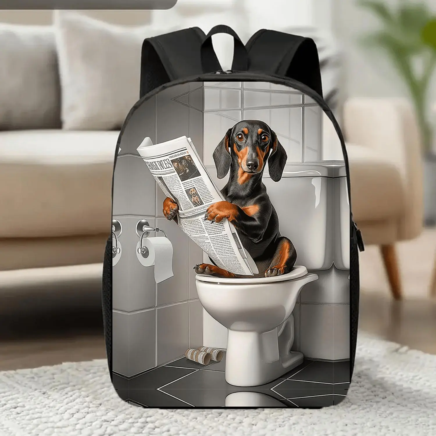 17 Inch Dachshund Print School Backpack, Lightweight Durable Laptop Rucksack with Customizable Straps & Water Bottle Holder, Unisex Bag for Work Commute Travel Picnic, Ideal Back to School, Birthday, Xmas, Halloween & Thanksgiving Holiday Gift