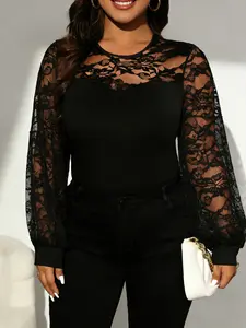 Women's Sexy Lace Patchwork Bodysuit Top, Plus Size Solid Color, Fitted, Casual Home Wear & Outerwear, Comfortablepajamas & Stylish