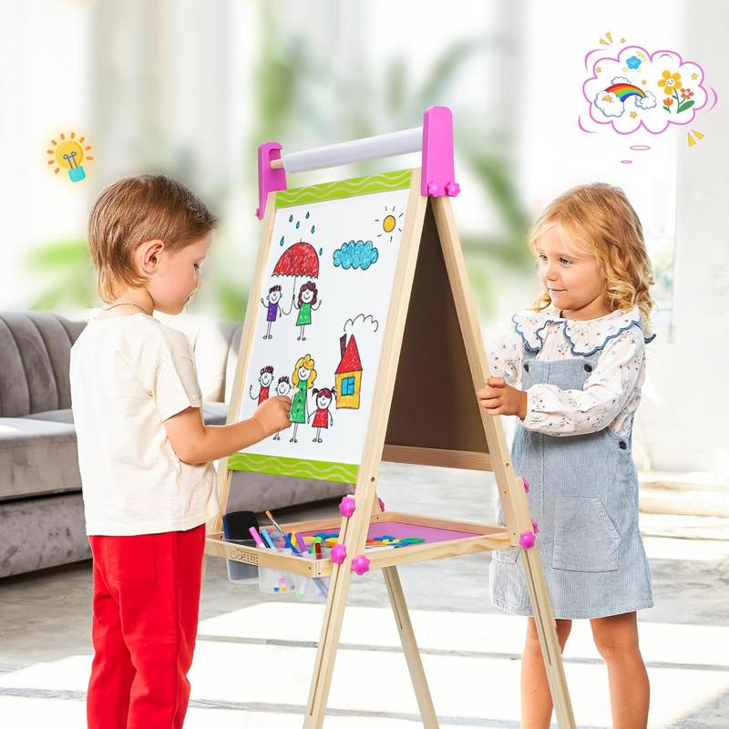 【Kids Easel】Easel for Kids,Adjustable Wooden Kids Art Easel with Paper Roll,Double-Sided Magnetic Toddler Easels,Dry Erase Whiteboard and Chalk Board,Toys for 3 4 5 6 7 8 9 10 Year Old Girl Boy Gift