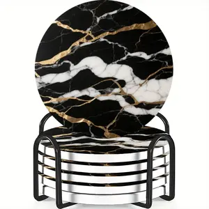 6-Piece Cup Mat Set Coasters, Gold Marble Texture Ceramic Material, Non-Slip Heat Resistant, Ideal for Coffee & Drink Home Decor Gift