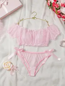 Women's Polka Dot Print Contrast Mesh Sheer Lace Top & Panty Set, Cute Sexy Comfy Breathable Lingerie Set for Daily Wear, Women's Underwear Set for All Seasons, Womenswear