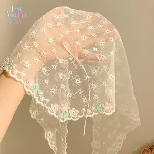 2Pcs Dopamine Sweet Floral Lace Headscarf, Bow Triangle Head Kerchief, Boho Floral Embroidered Mesh Bandana for Summer Beach & Daily