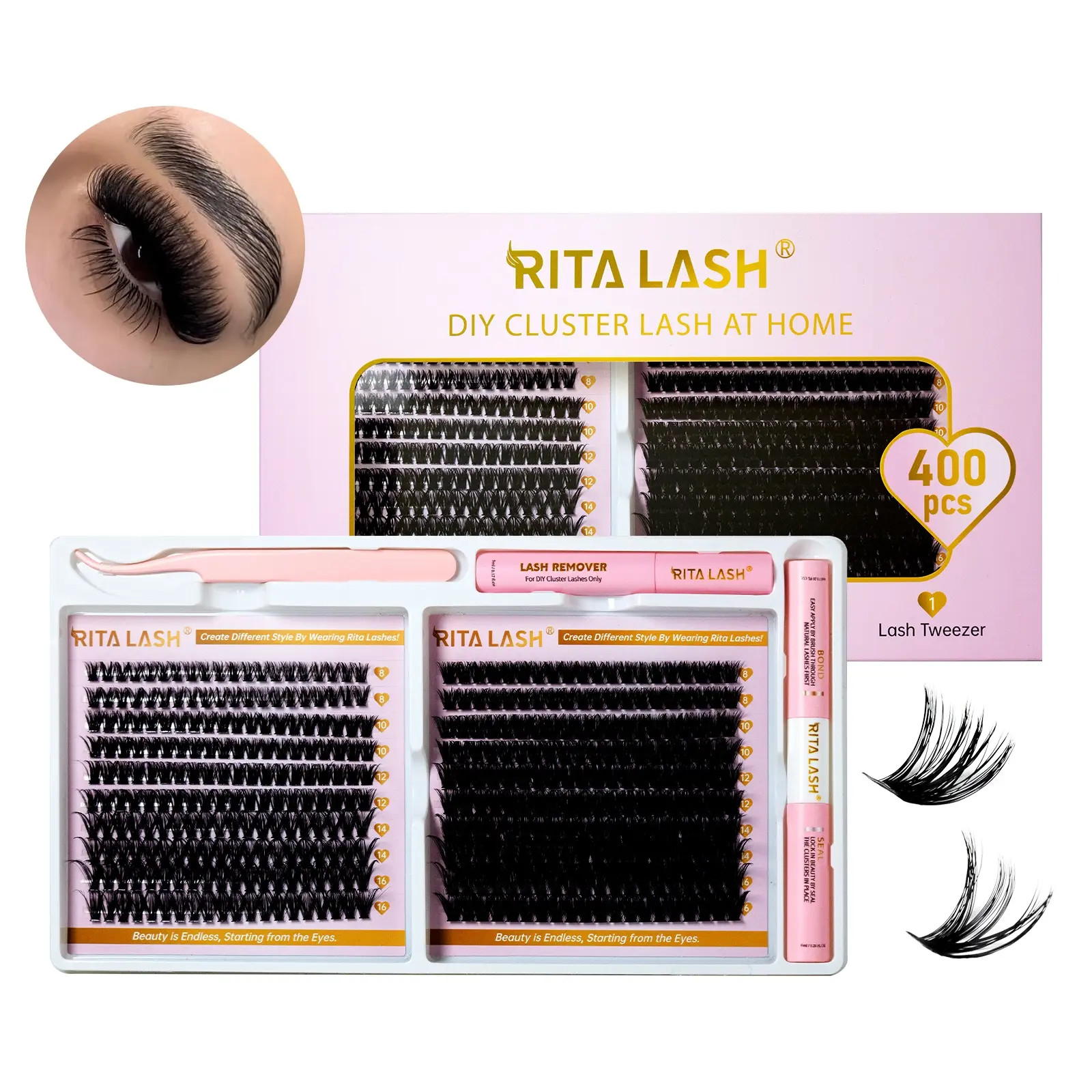 Mixed D Curl DIY Individual Eyelash Extension & Seal and Bond & Lash Remover & Tweezer Kit, Eyelash Extension Set, 400pcs/Box DIY Cluster Lashes Kit, Eyelash Extension Kit, Individual & Cluster False Lashes, DIY Eyelash Extensions