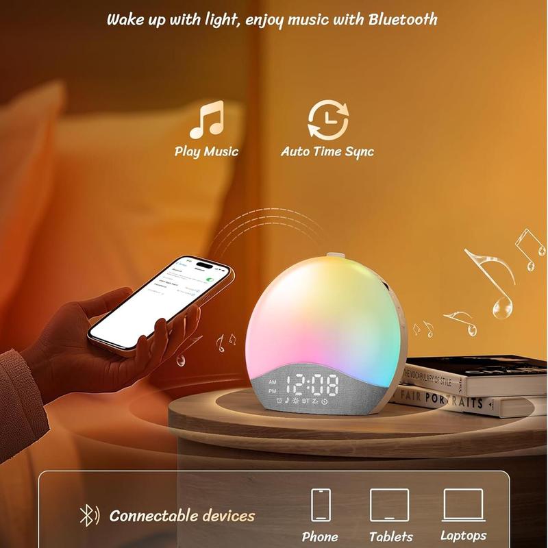 ecozy Sunrise Alarm Clock, White Noise Machine for Sleep, Upgraded Backlit Buttons, Bluetooth Speaker, Dimmable Night Light for Heavy Sleeper, Adults, Kids