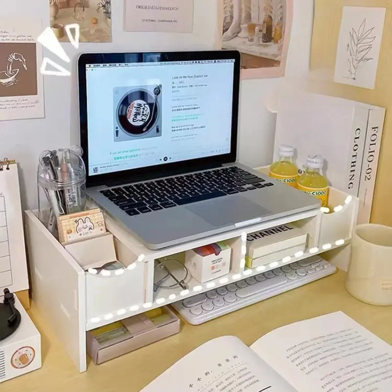 Computer Stand Multi Level Dual-Level Computer Elevated Stand with Drawer Storage, Storage Drawer ...