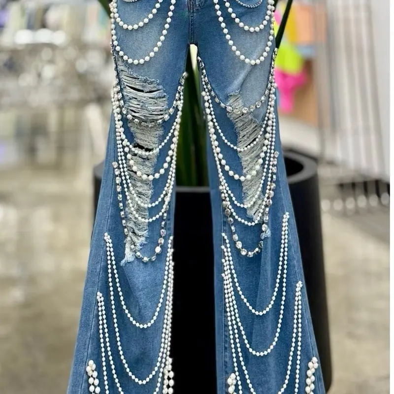 Womenswear Jeans with Pearl Detailing, Distressed Look, Stylish Design for Everyday Wear - Bottom