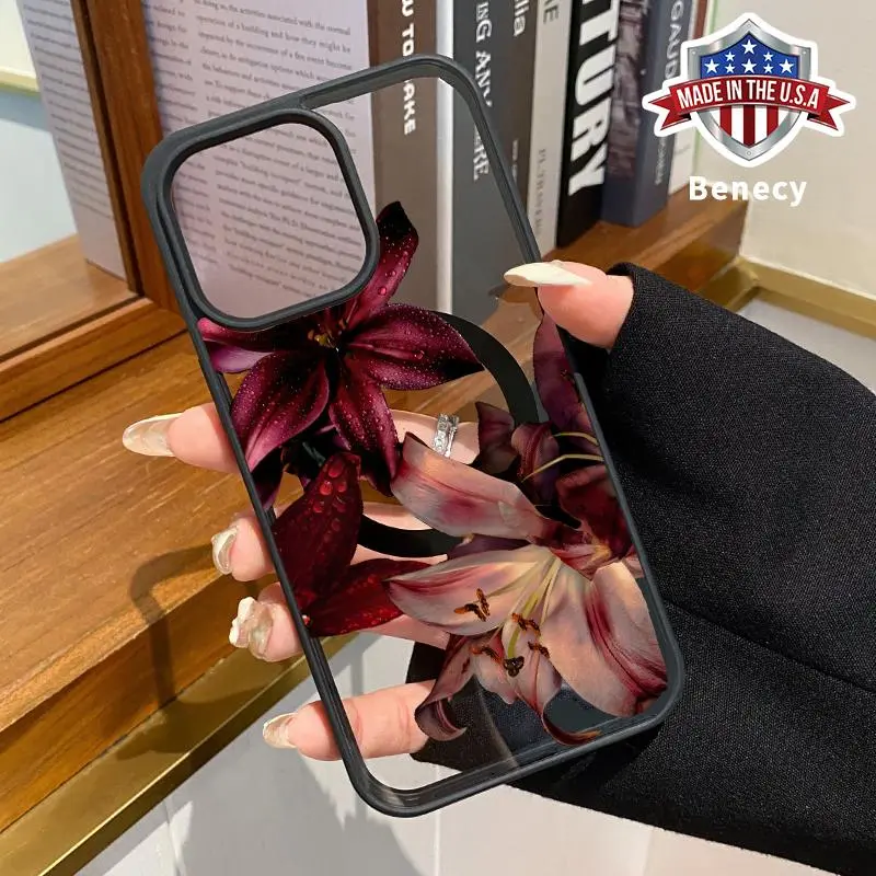 Dewdrop-Kissed Lily Pattern Magnetic Smartphone Case, Wireless Charging-Supporting Cellphone Protector Cover, Compatible with iPhone 11,12,13,14 Pro Max,15,16,17,XR,XS,Air and Plus Mobile Phone Accessories, Casing, Protection summerwins tiktokshopbacktosc