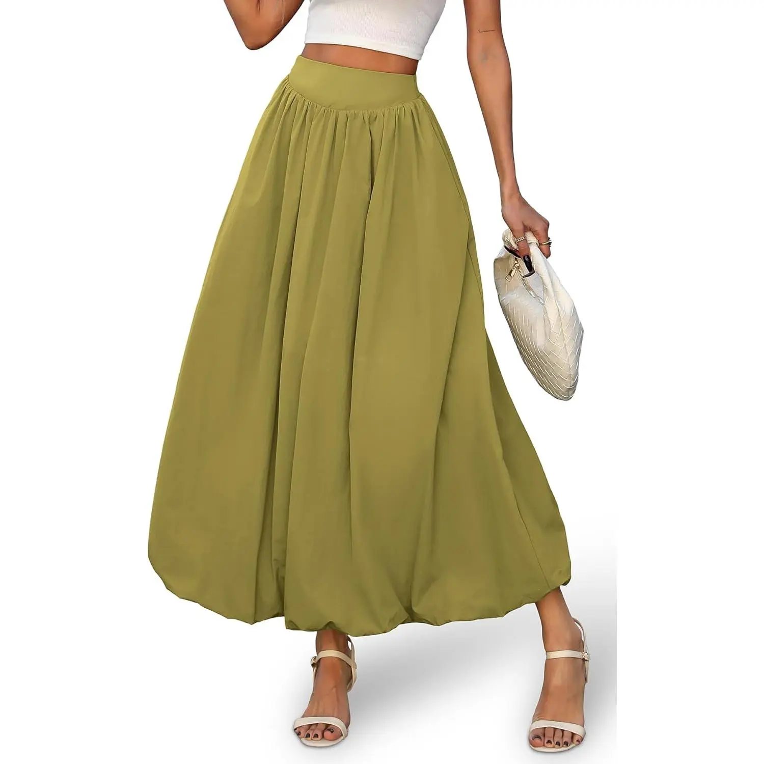 Women's Bubble Maxi Skirt, Elastic Waist Puffy Hem A-Line Skirt with Pockets(Gift)