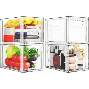 4 Pack Large  Clear Stackable Storage Drawers,11.1 In Deep Bathroom Under Sink Drawer Organizer,Stacking Storage Bins with Drawers for Cabinet,Closet Organizers and Pantry Organization