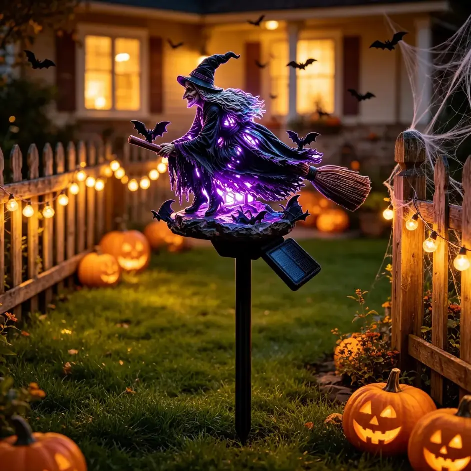 Halloween Solar Witch Garden Stake Light - Glowing Flying Witch Figurine with Bats & Purple LED Illumination for Outdoor Yard, Lawn, Pathway, Walkway Spooky Decor, Waterproof Festive Landscape Lighting for Trick-or-Treat Party