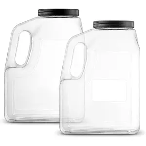 Wide Mouth Gallon Jugs (2 Pack) - 128 Ounce Rectangular Oblong Gallon Container - Clear Plastic Jugs with Handle for Home, Commercial or Restaurant Use Drinkware Lid