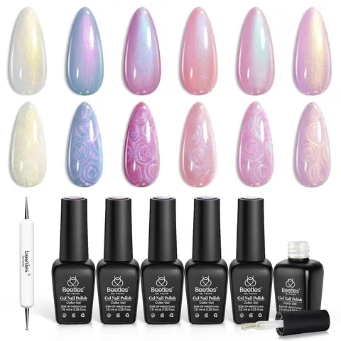 Beetles 6-Colors Shimmer Pearl Gel Varnish Set, UV Light Gel Manicure Kit with Swirl Shell Thread Effect, Long-Lasting Soak-Off DIY Nail Art Gift with Base Coat for Women
