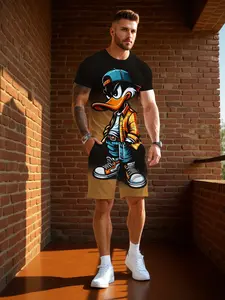 Men's Cartoon Duck Print Short Sleeve T-Shirt, Casual Summer Trendy Top, Loose Fit Round Neck, Couple Matching Tee, Fashionable Clothing