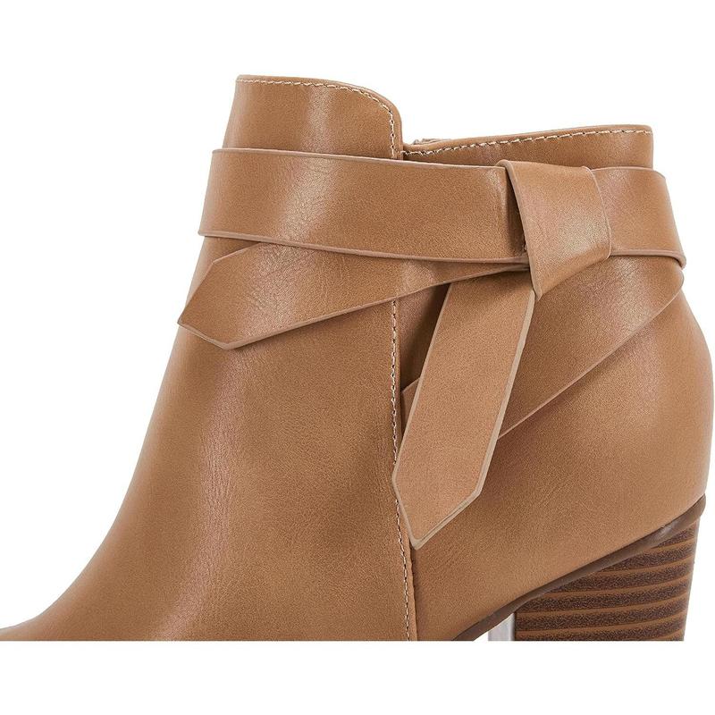 Coutgo Womens Tie Knot Chelsea Pump Ankle Boots Closed Toe Stacked Heel Booties Shoes
