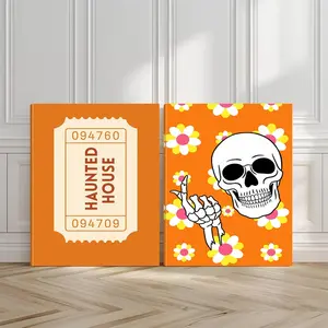2pcs Spooky Halloween Wall Art, Orange Background Poster, Festive Design Art Prints, Skull Art Home Decor, Modern Wall Paintings, Minimalist Canvas Posters Wall Arts, Decor for Living Room, Restaurant, Kitchen, Bedroom, Housewarming Gift, With Frame