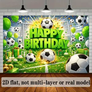 2D Flat Banner Polyester Photography Backdrop, HD Digitally Printed Soft Lightweight Foldable Machine Washable Background Cloth, botanical Soccer Field Happy Birthday Theme with Footballs, Balloons, and Gift Boxes, for Birthday Pa