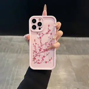 Pink Spring Cherry Blossom TPU Case for iPhone 17 Pro Max 16 16e 15 14 Plus 13 12 Mini 11 Air X XS Straight Edge Drop-Resistant Rugged Durable Cover Shell Valentine's Day Gift 2D printing Protective Protection