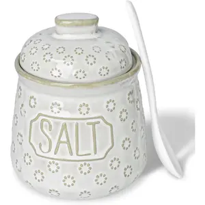 Salt & Pepper Bowl with Lid and Spoon, 10 OZ Ceramic Spices Cellar for Kitchen Counter top, Farmhouse Kitchen Decor (Vintage White, 4.3" Label Salt)