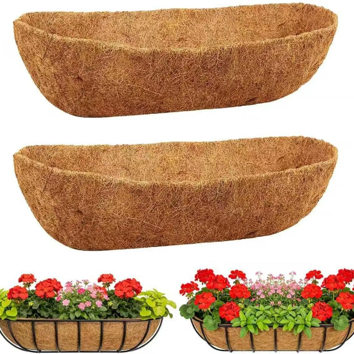 Coco Liner for Window Box Planters, 2 Pack Natural Coconut Fiber Basket Liner for Hanging Baskets, Garden Flowers and Outdoor Plants