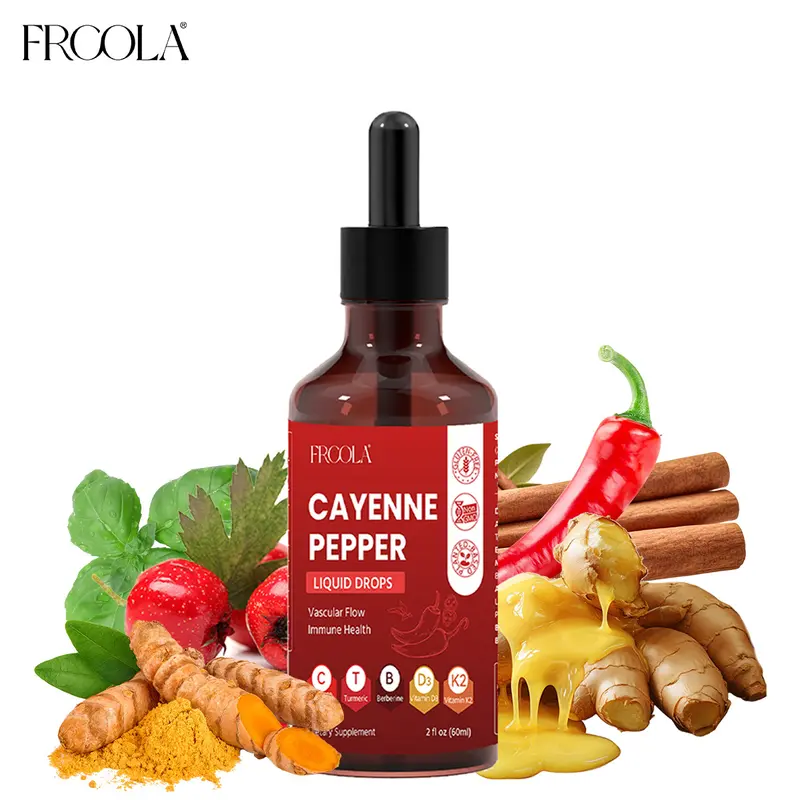 Frcola Cayenne Pepper Drops Supplement Liquid + Hawthorn Berry, Vitamin D3 K2, Ceylon Cinnamon, Turmeric Curcumin, Organic Ginseng, Berberine Extract Organic