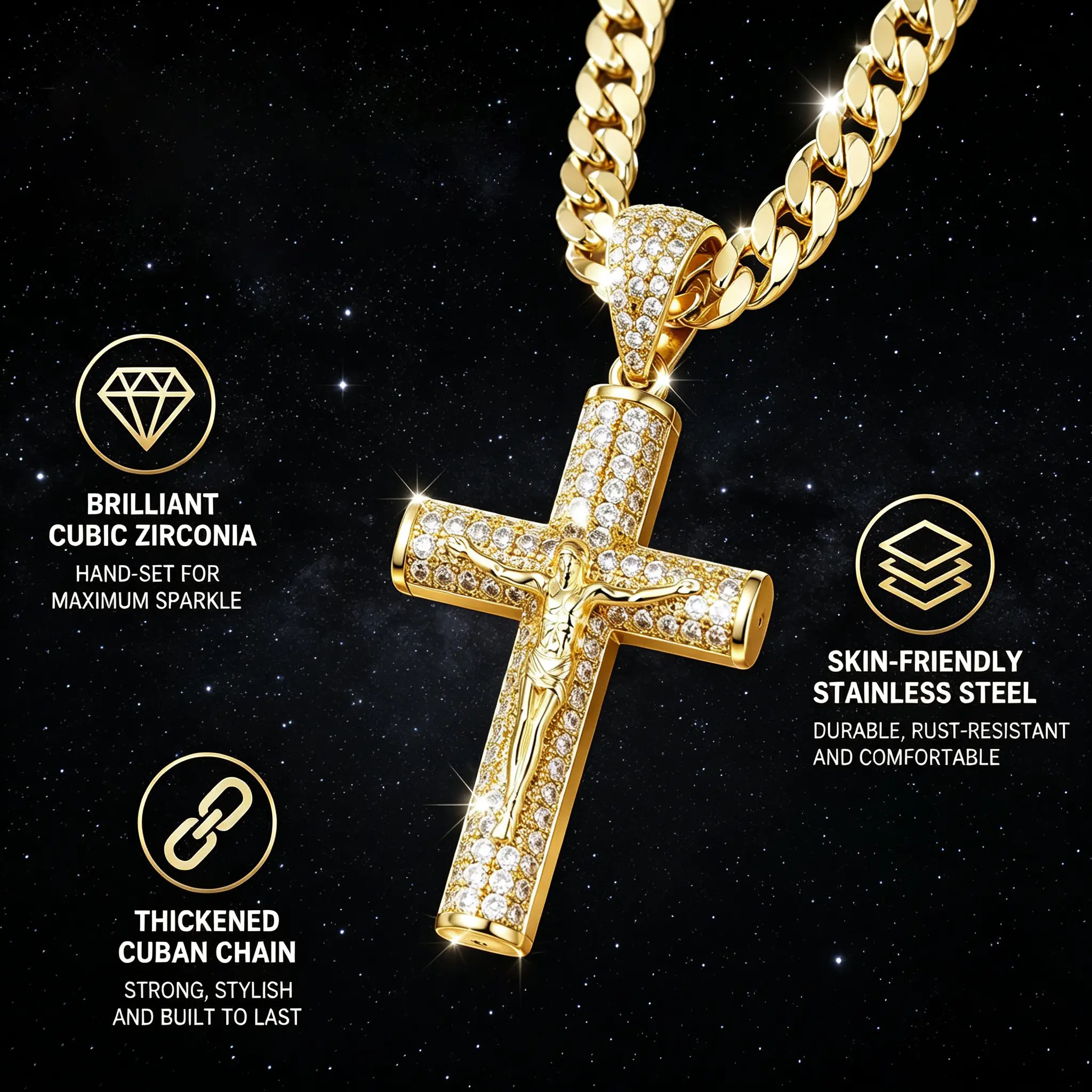 14K Real Gold-Plated Cuban Link with Jesus Crucifix Pendant Miami Cross with Jesus Christ Crucifix Styles 24-inch Daily Advanced Nanotech Exquisite Tarnish-Free Hypoallergenic, and Sweat-Resistant Wear Jewelry Accessory Gift Link Chain Necklace