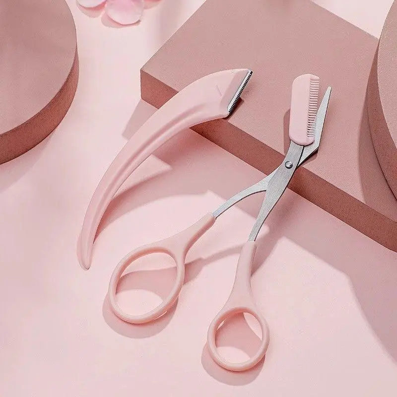 2Pcs Pink Eyebrow Grooming Kit, Eyebrow Scissors with Comb & Precision Trimmer, Stainless Steel Blades, Safe & Easy to Use, Ideal for Shaping, Trimming & Shaping Eyebrows, Facial Hair & Bangs, Beauty Essential for Home & Travel